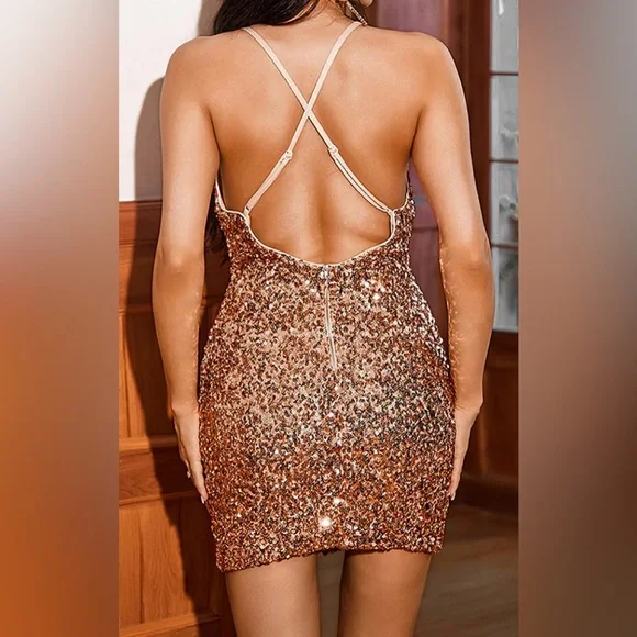 Love&Lemonade sexy Gold drop collar open back Bodycon sequin dress size L NWT - Picture 2 of 8